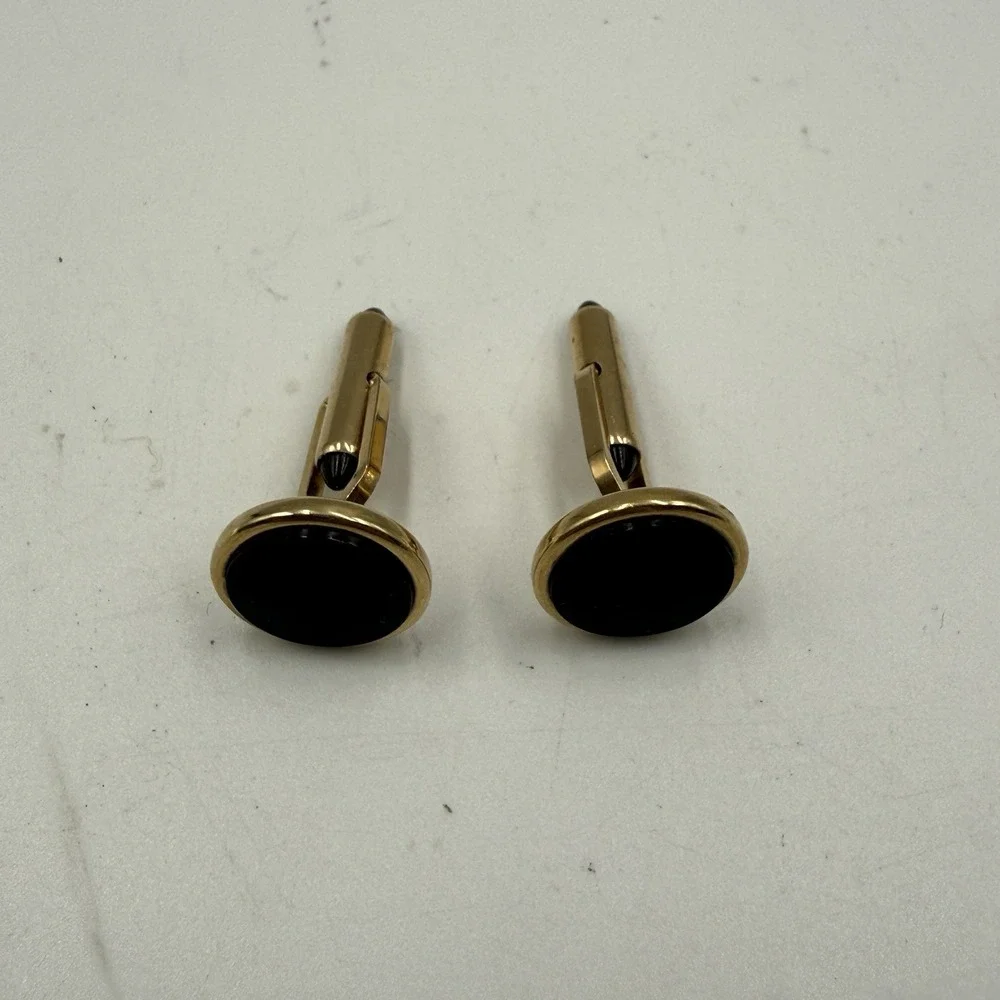 Vintage Krementz 14K Gold Overlay Black Onyx Cufflinks Bromberg's Original Box